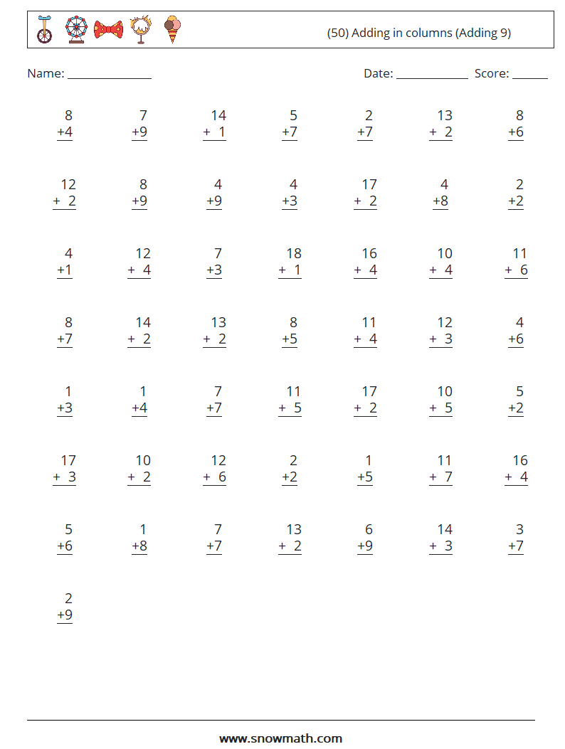 (50) Adding in columns (Adding 9) Math Worksheets 6