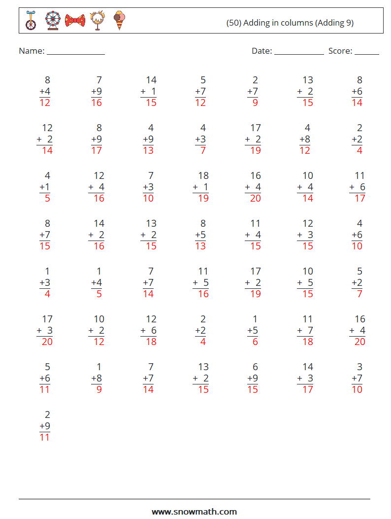 (50) Adding in columns (Adding 9) Math Worksheets 6 Question, Answer