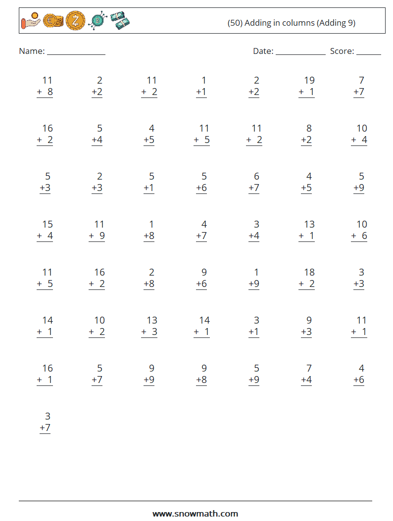 (50) Adding in columns (Adding 9) Math Worksheets 7