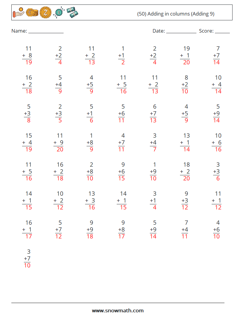 (50) Adding in columns (Adding 9) Math Worksheets 7 Question, Answer