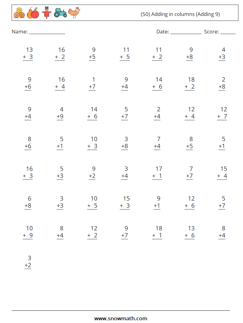 (50) Adding in columns (Adding 9) Math Worksheets 8