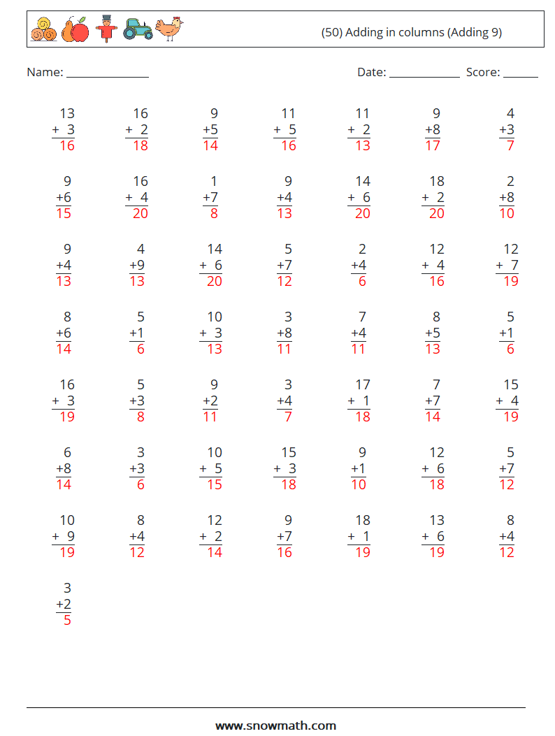 (50) Adding in columns (Adding 9) Math Worksheets 8 Question, Answer