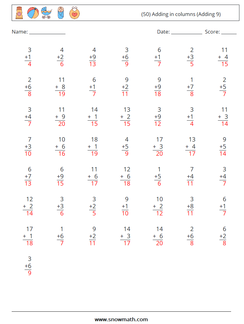 (50) Adding in columns (Adding 9) Math Worksheets 9 Question, Answer