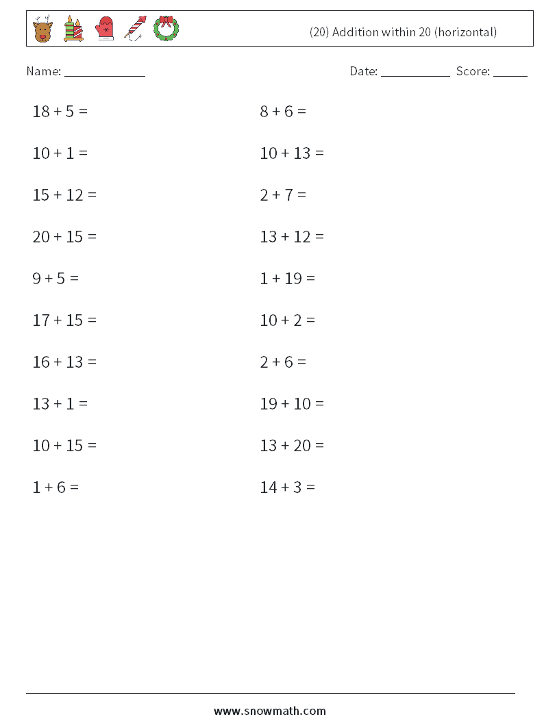 (20) Addition within 20 (horizontal) Math Worksheets 2