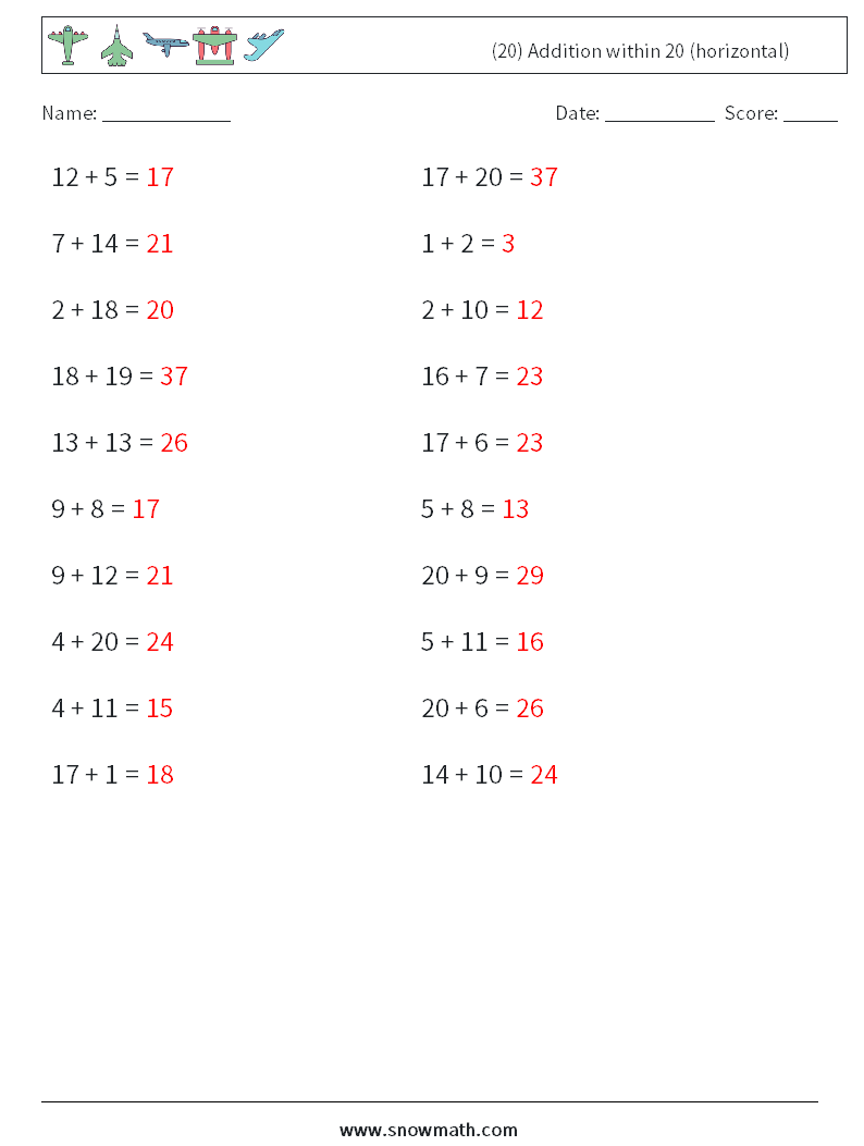 (20) Addition within 20 (horizontal) Math Worksheets 3 Question, Answer