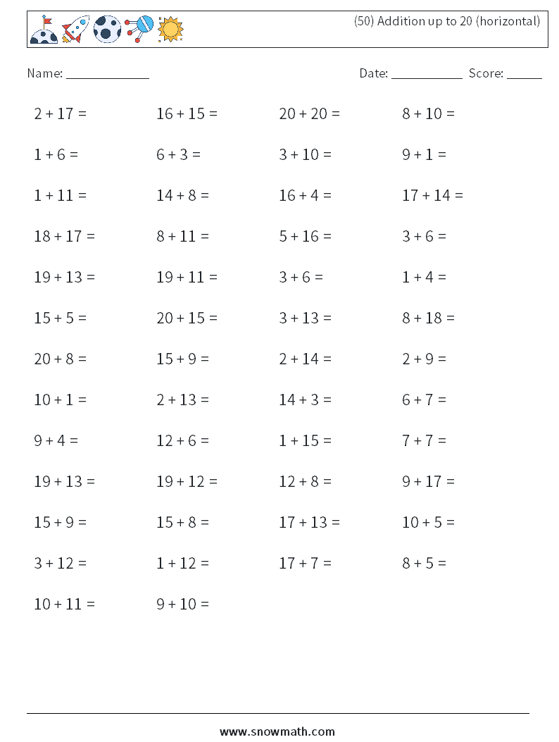 (50) Addition up to 20 (horizontal) Math Worksheets 2