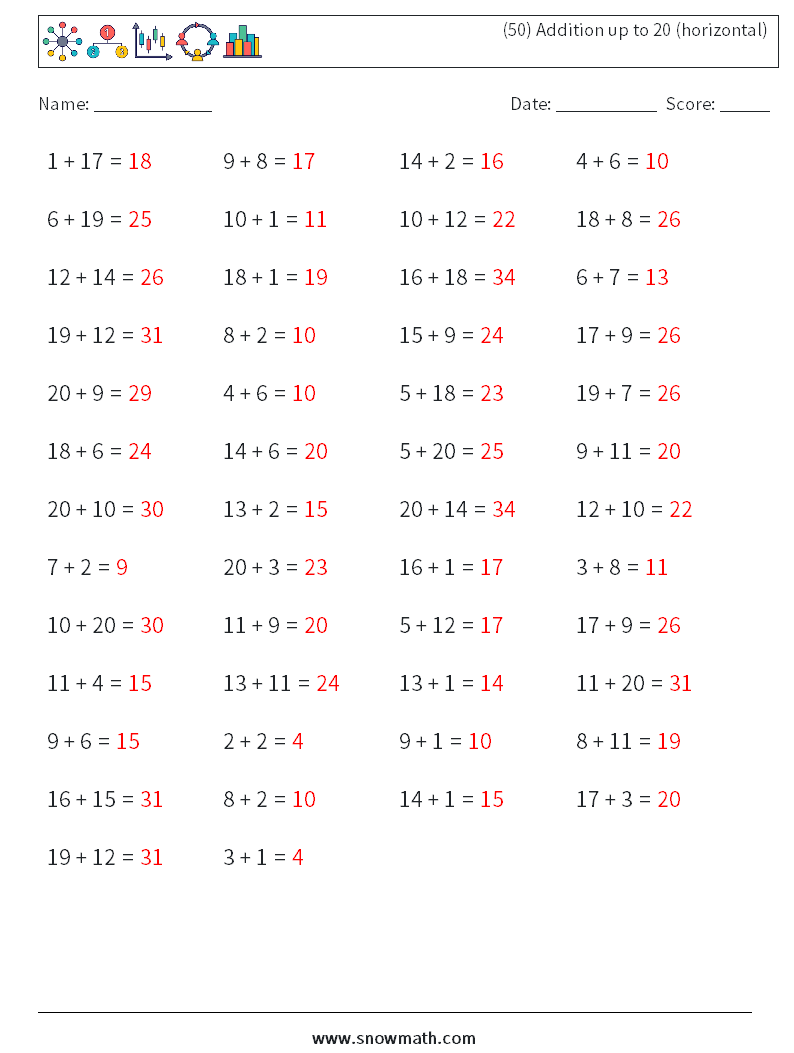 (50) Addition up to 20 (horizontal) Math Worksheets 4 Question, Answer