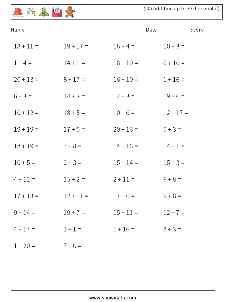 (50) Addition up to 20 (horizontal) Math Worksheets 7