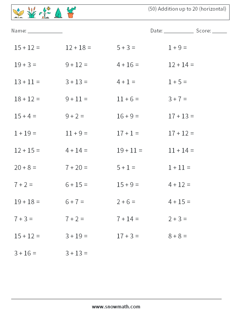 (50) Addition up to 20 (horizontal) Math Worksheets 8