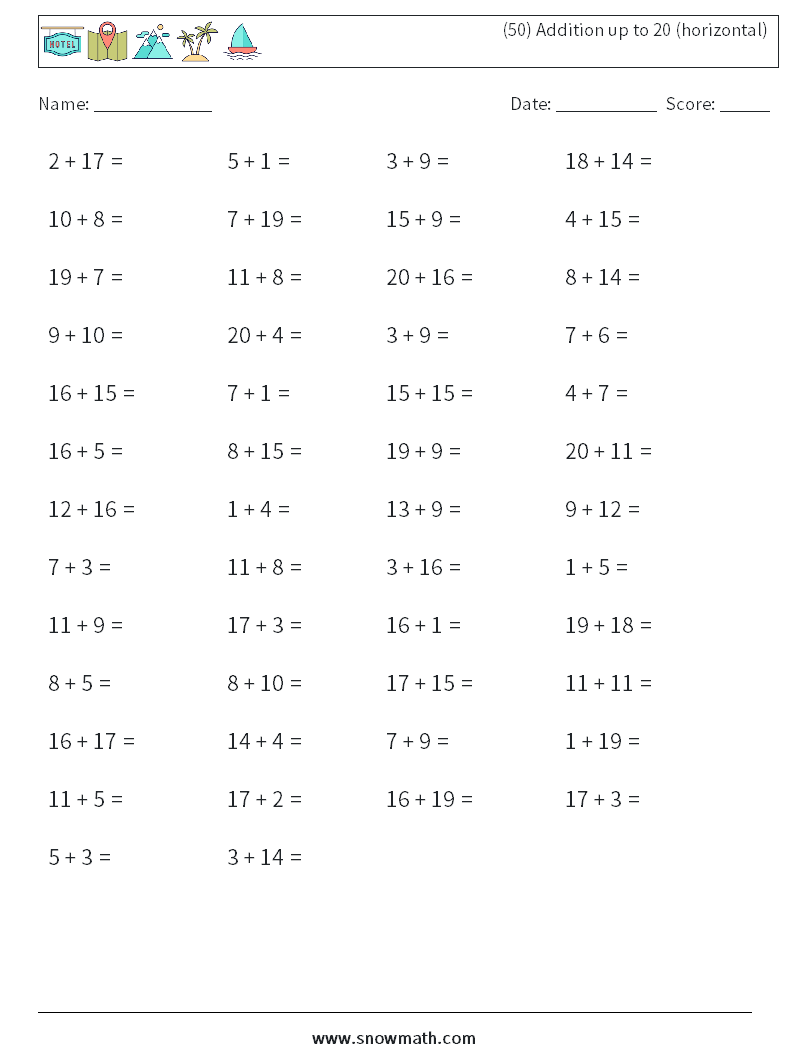 (50) Addition up to 20 (horizontal) Math Worksheets 9