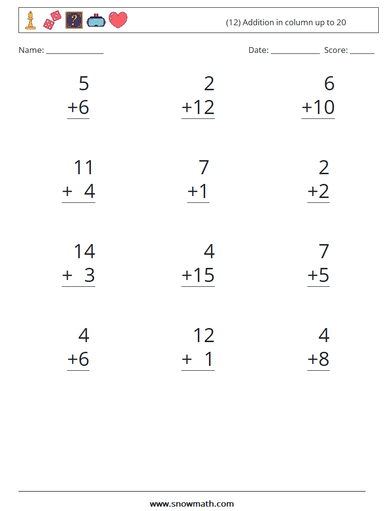 (12) Addition in column up to 20 Math Worksheets 1