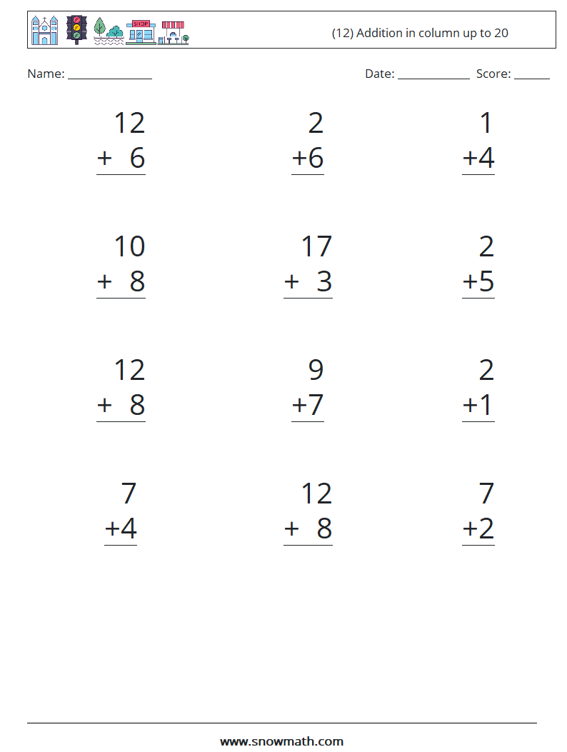 (12) Addition in column up to 20 Math Worksheets 10