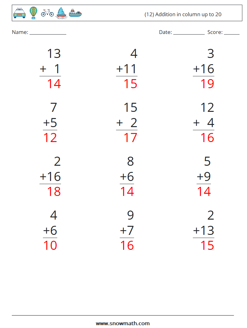 (12) Addition in column up to 20 Math Worksheets 11 Question, Answer