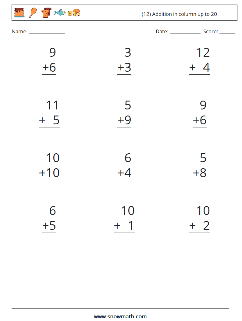 (12) Addition in column up to 20 Math Worksheets 12