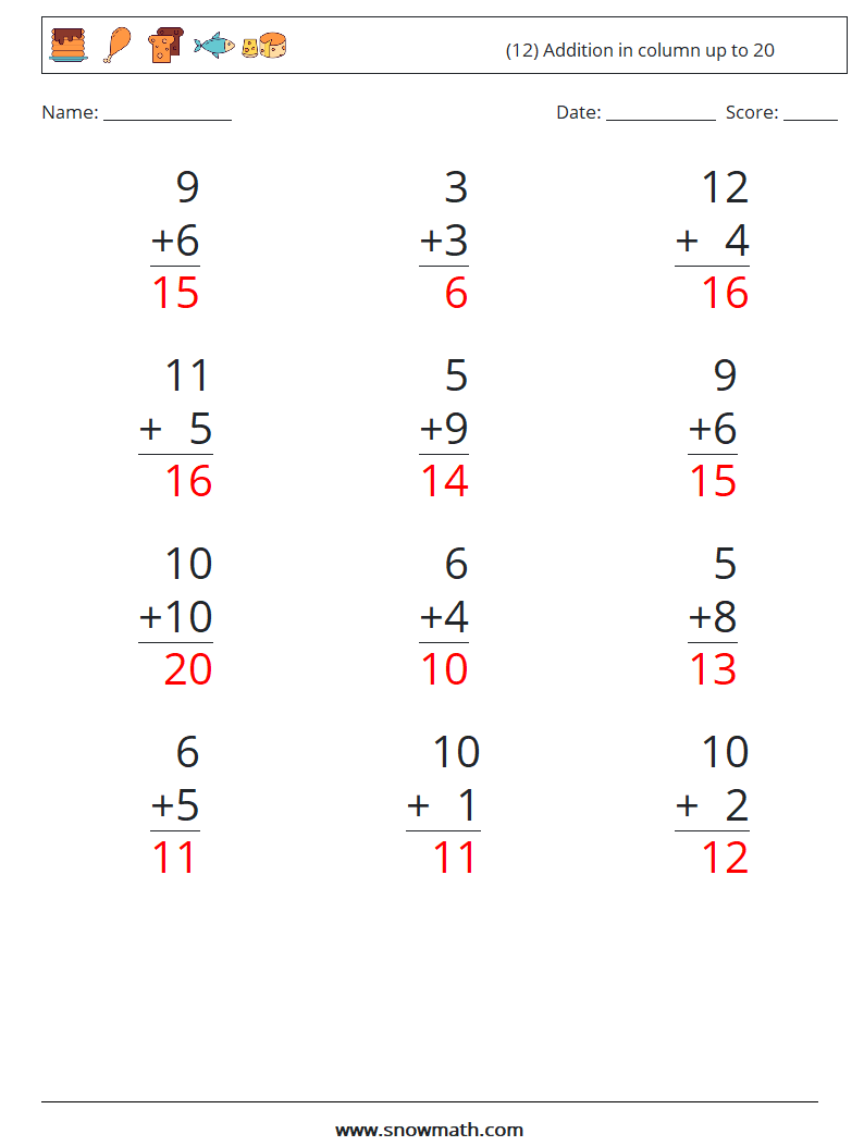 (12) Addition in column up to 20 Math Worksheets 12 Question, Answer