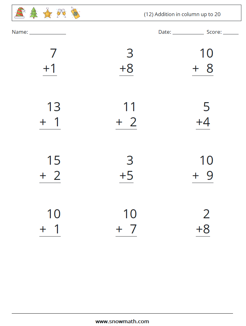 (12) Addition in column up to 20 Math Worksheets 13