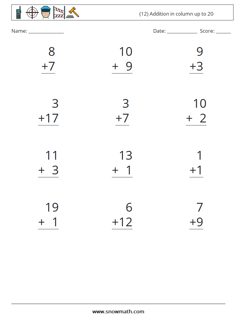 (12) Addition in column up to 20 Math Worksheets 14