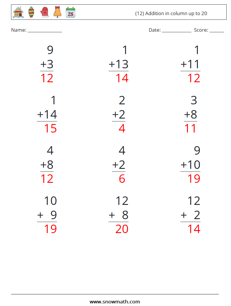 (12) Addition in column up to 20 Math Worksheets 15 Question, Answer