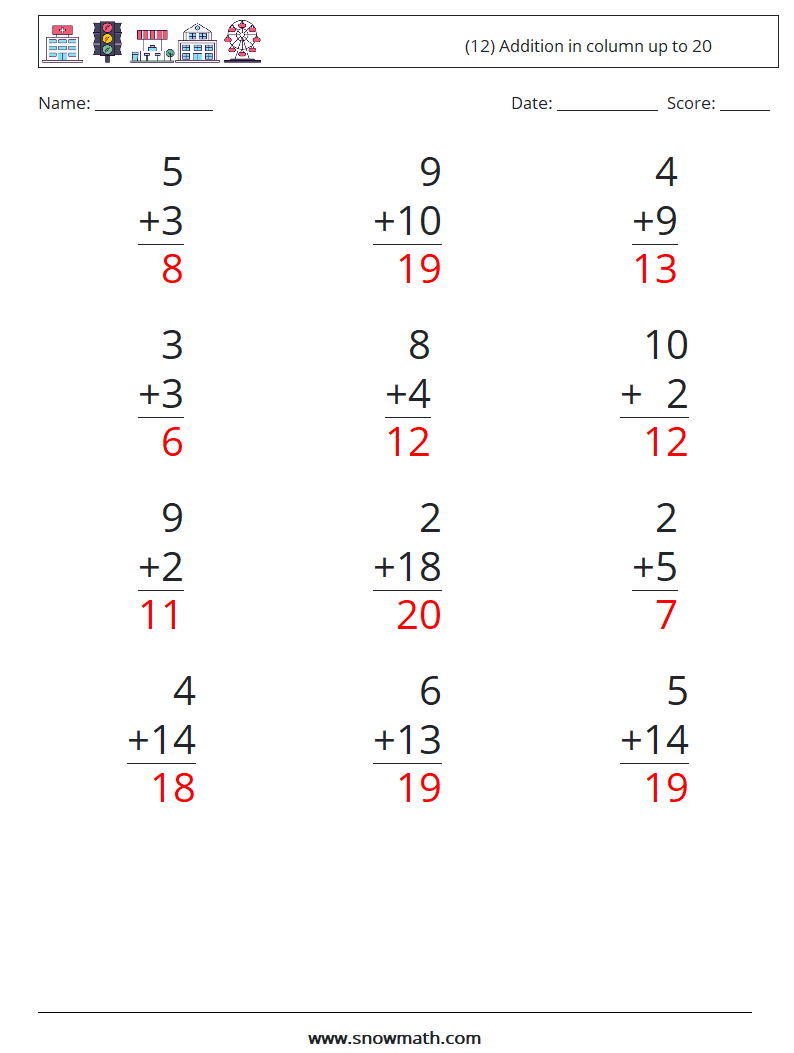 (12) Addition in column up to 20 Math Worksheets 16 Question, Answer