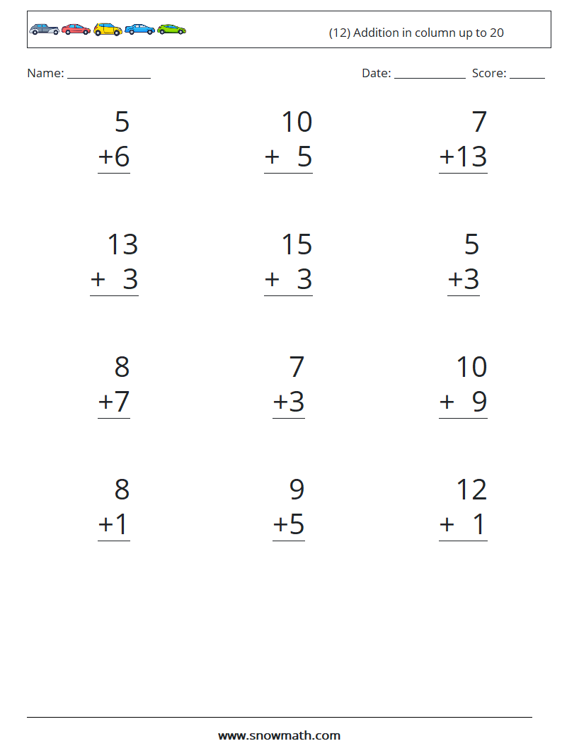 (12) Addition in column up to 20 Math Worksheets 17