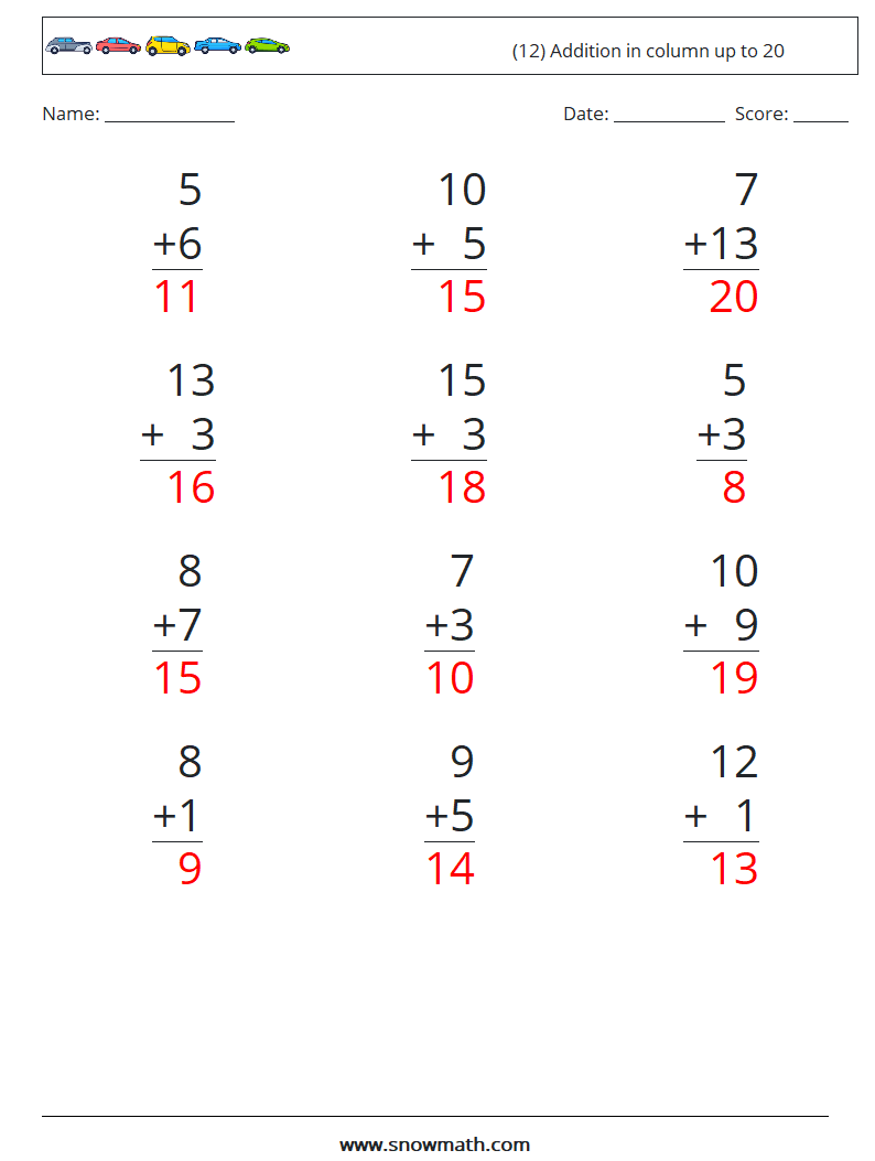 (12) Addition in column up to 20 Math Worksheets 17 Question, Answer