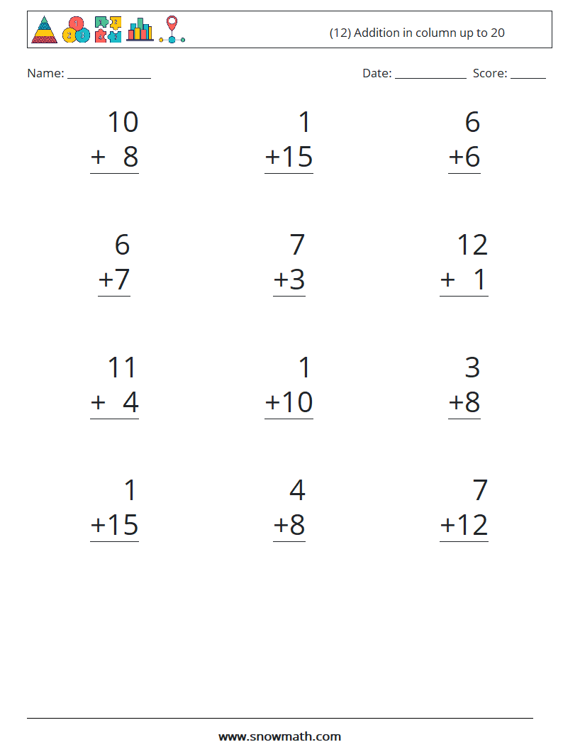 (12) Addition in column up to 20 Math Worksheets 18