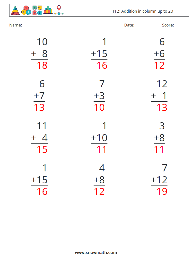 (12) Addition in column up to 20 Math Worksheets 18 Question, Answer