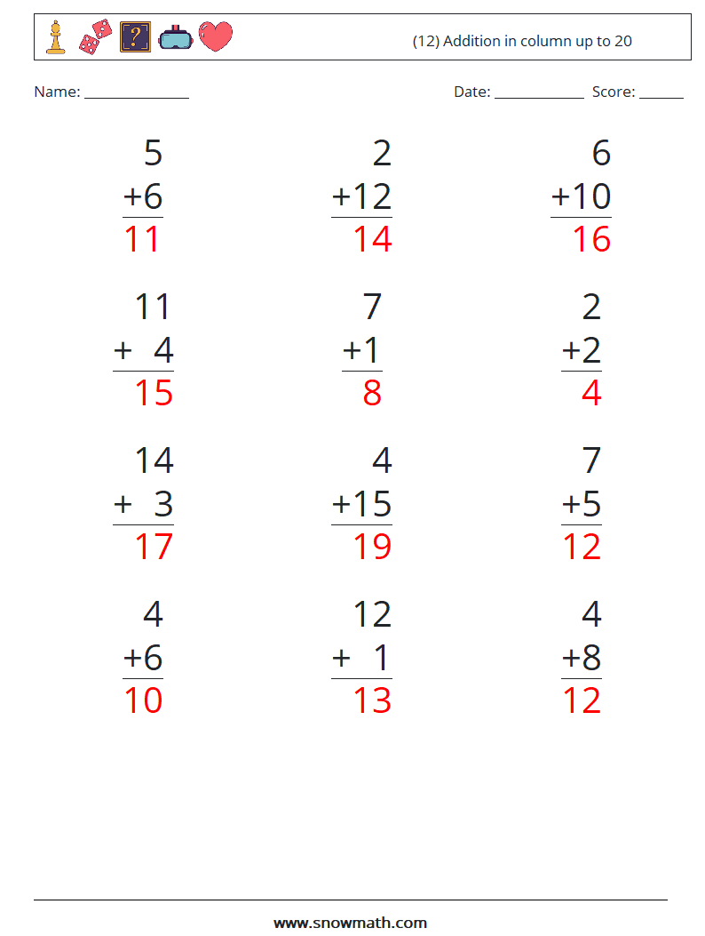 (12) Addition in column up to 20 Math Worksheets 1 Question, Answer