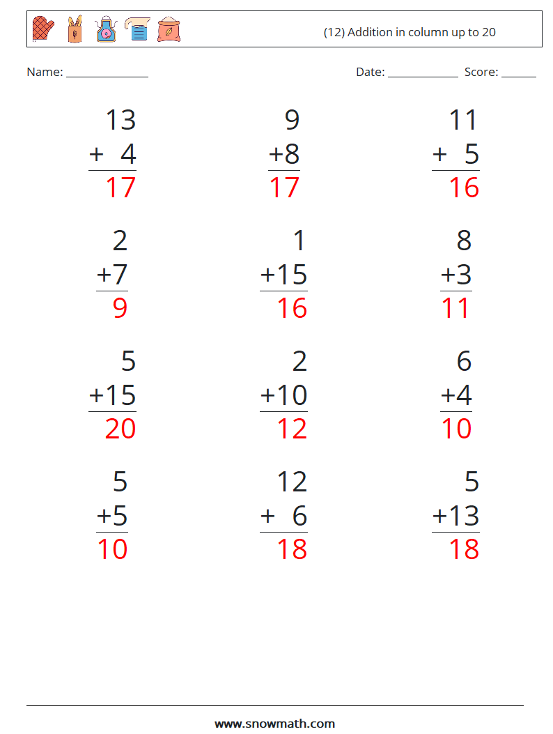 (12) Addition in column up to 20 Math Worksheets 2 Question, Answer