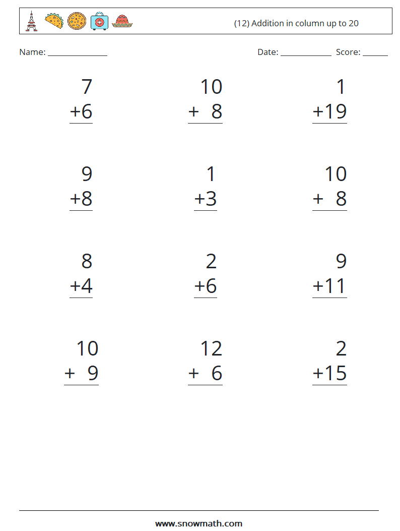 (12) Addition in column up to 20 Math Worksheets 3