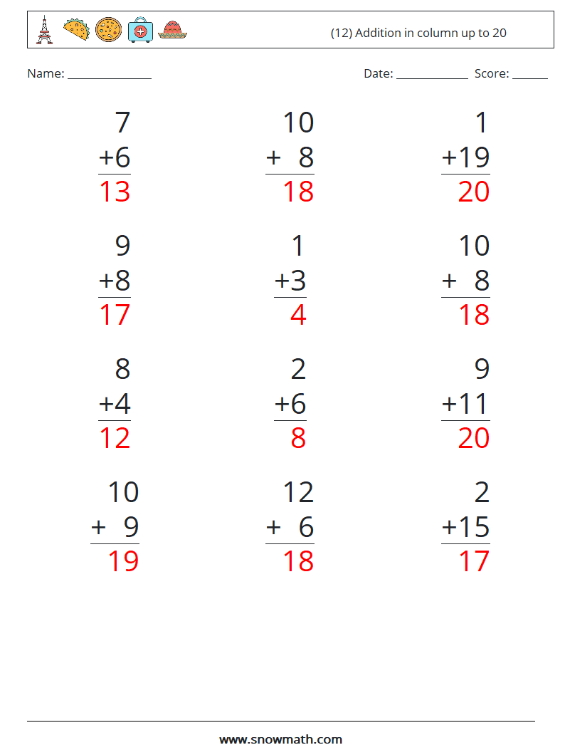 (12) Addition in column up to 20 Math Worksheets 3 Question, Answer