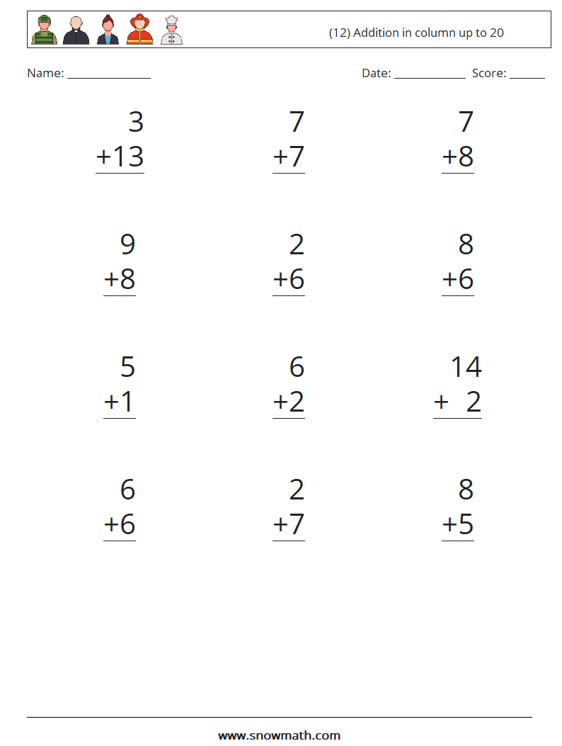 (12) Addition in column up to 20 Math Worksheets 4