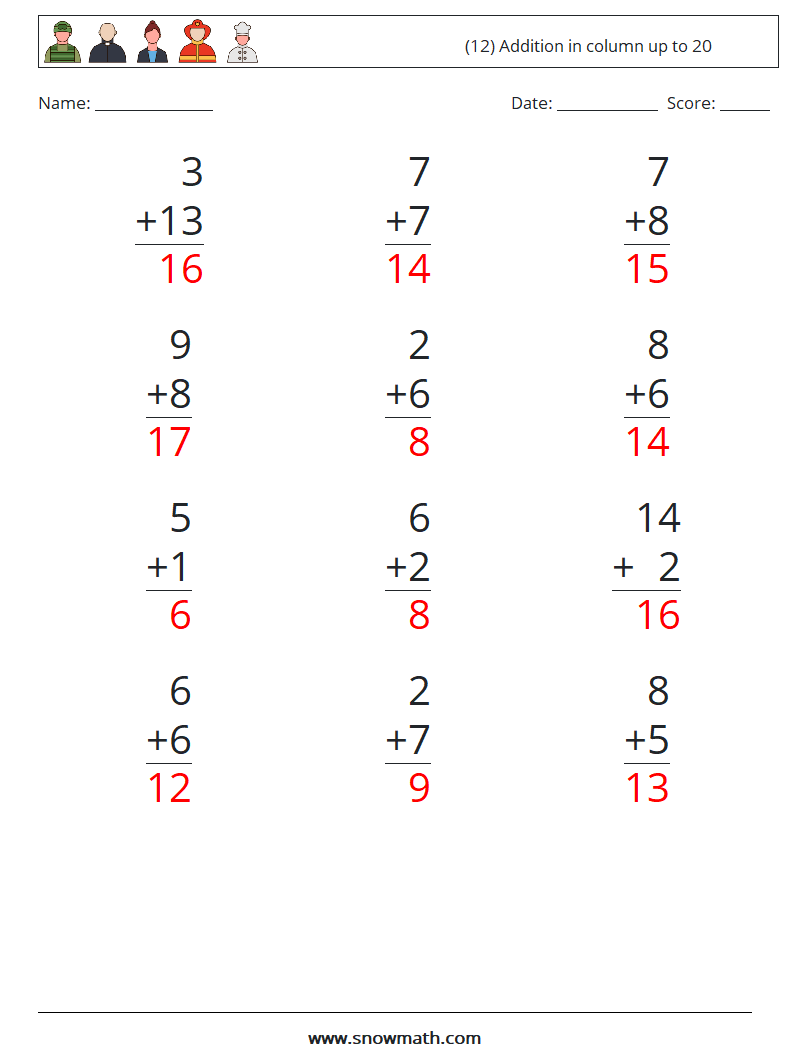 (12) Addition in column up to 20 Math Worksheets 4 Question, Answer