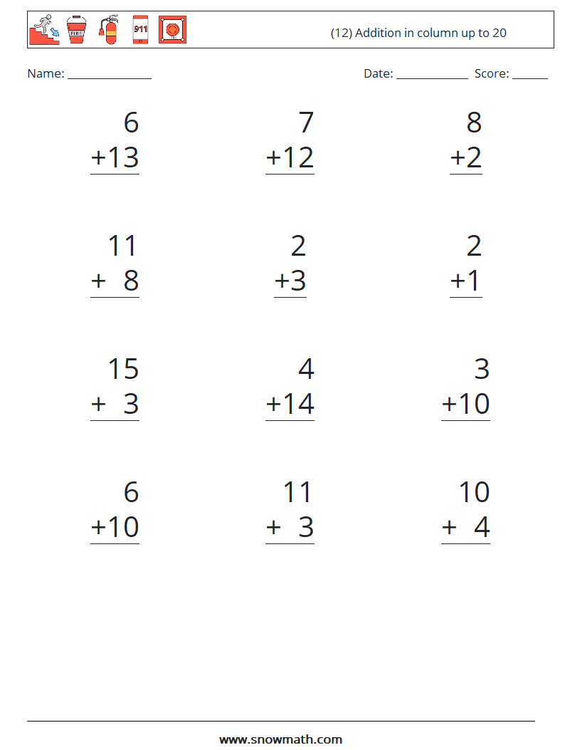 (12) Addition in column up to 20 Math Worksheets 5