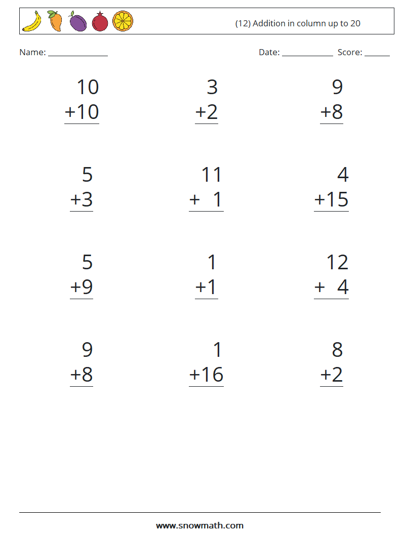 (12) Addition in column up to 20 Math Worksheets 6