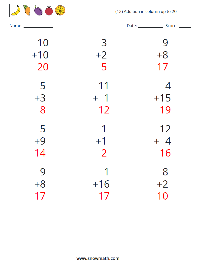 (12) Addition in column up to 20 Math Worksheets 6 Question, Answer