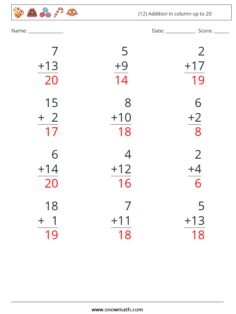 (12) Addition in column up to 20 Math Worksheets 7 Question, Answer