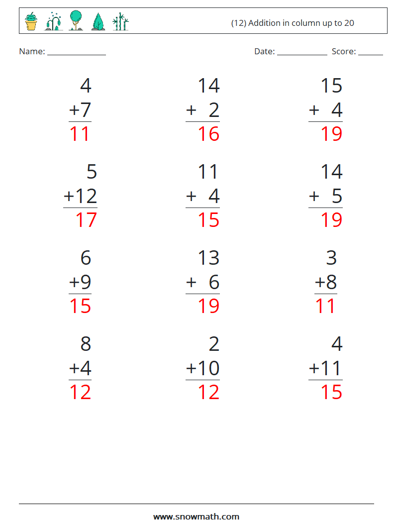 (12) Addition in column up to 20 Math Worksheets 8 Question, Answer