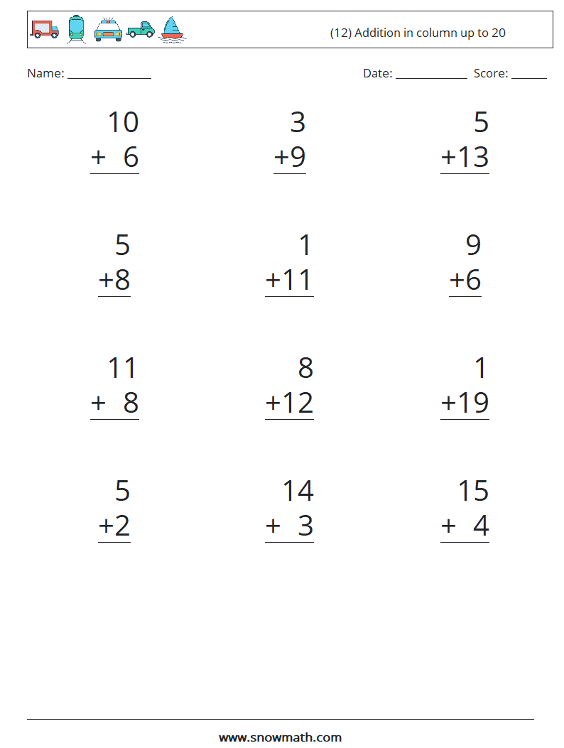 (12) Addition in column up to 20 Math Worksheets 9