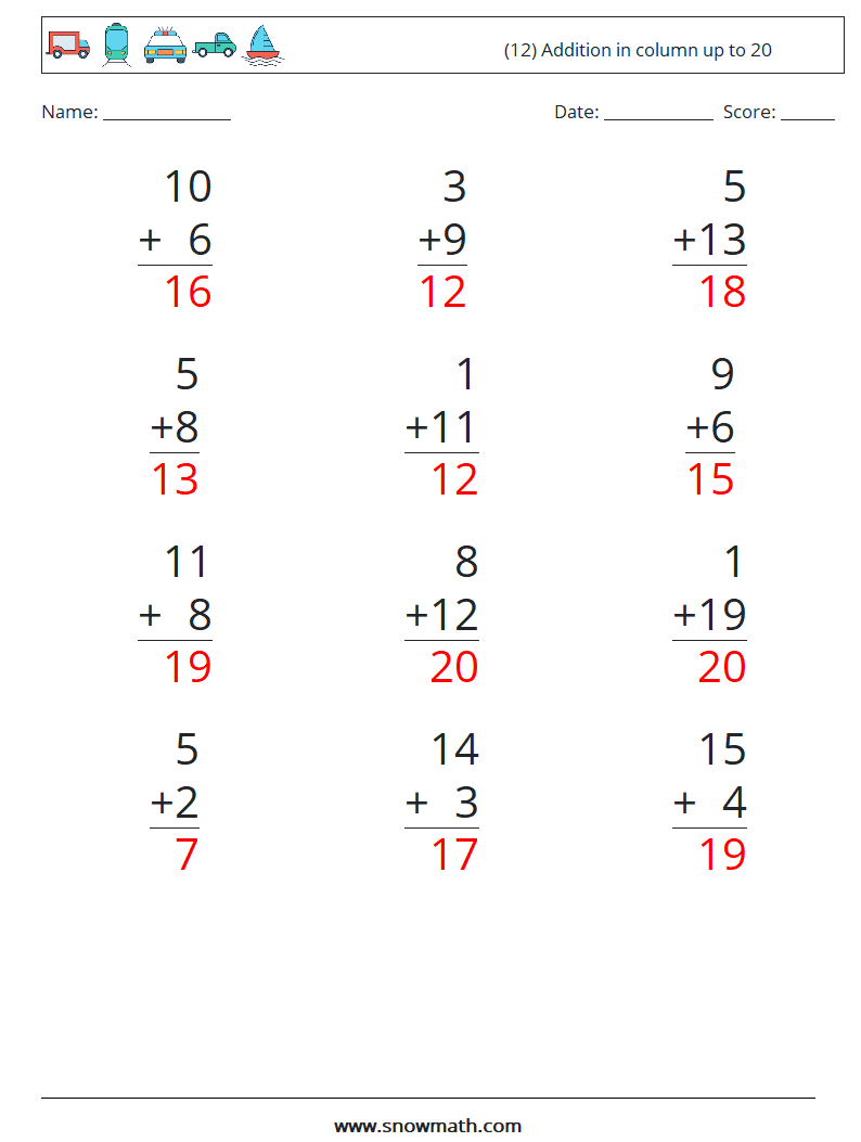 (12) Addition in column up to 20 Math Worksheets 9 Question, Answer