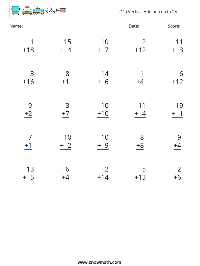 (12) Vertical Addition up to 25 Math Worksheets 1