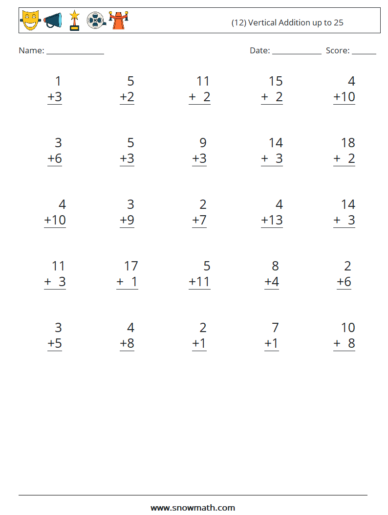 (12) Vertical Addition up to 25 Math Worksheets 10