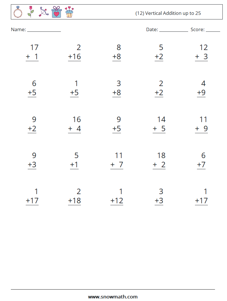 (12) Vertical Addition up to 25 Math Worksheets 11