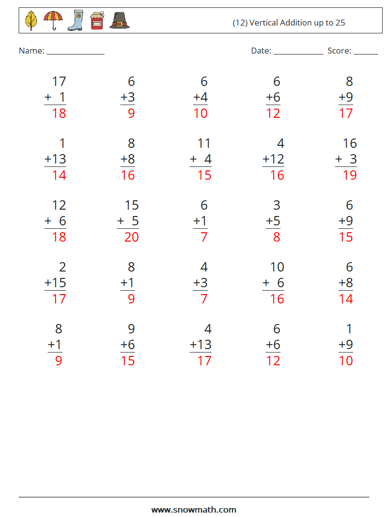 (12) Vertical Addition up to 25 Math Worksheets 12 Question, Answer