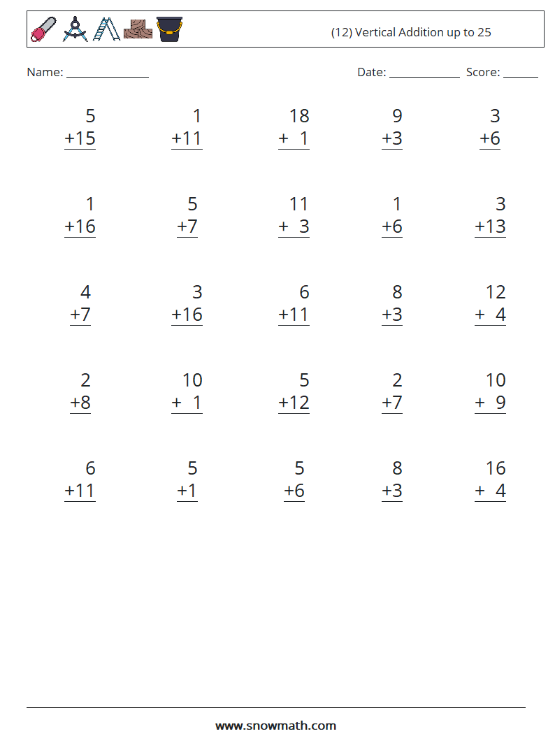 (12) Vertical Addition up to 25 Math Worksheets 15