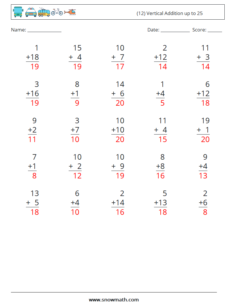 (12) Vertical Addition up to 25 Math Worksheets 1 Question, Answer