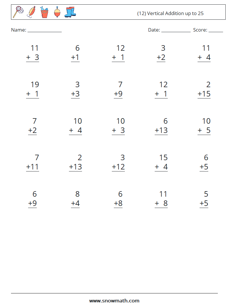 (12) Vertical Addition up to 25 Math Worksheets 2