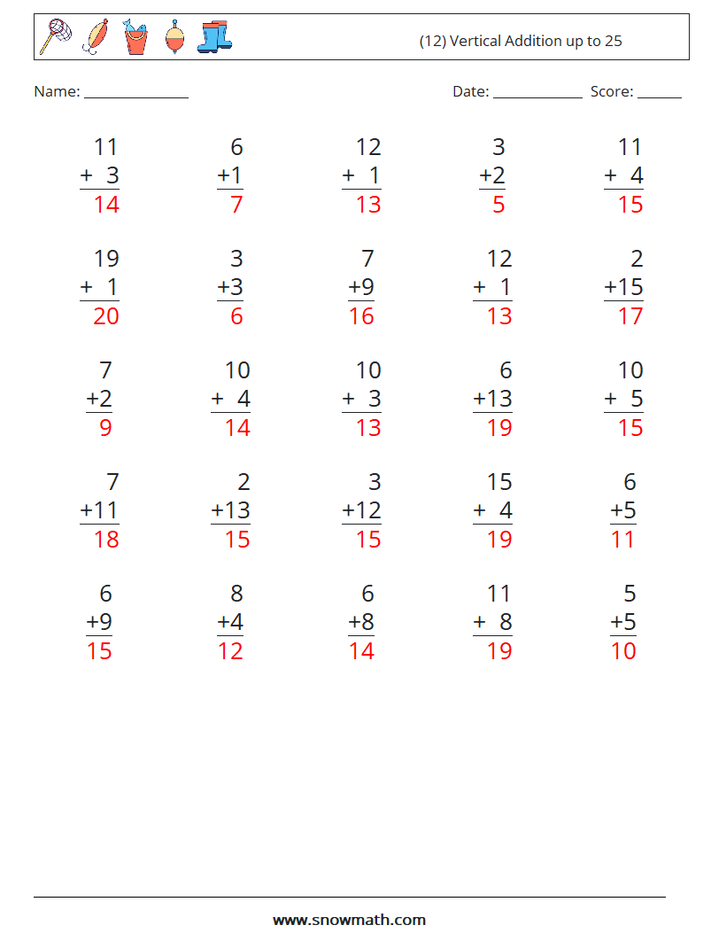 (12) Vertical Addition up to 25 Math Worksheets 2 Question, Answer