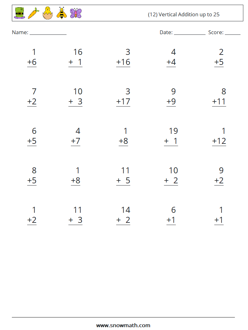 (12) Vertical Addition up to 25 Math Worksheets 4