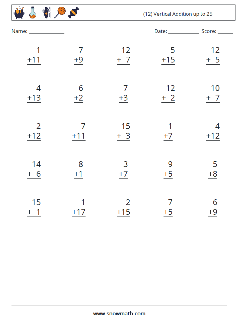 (12) Vertical Addition up to 25 Math Worksheets 6